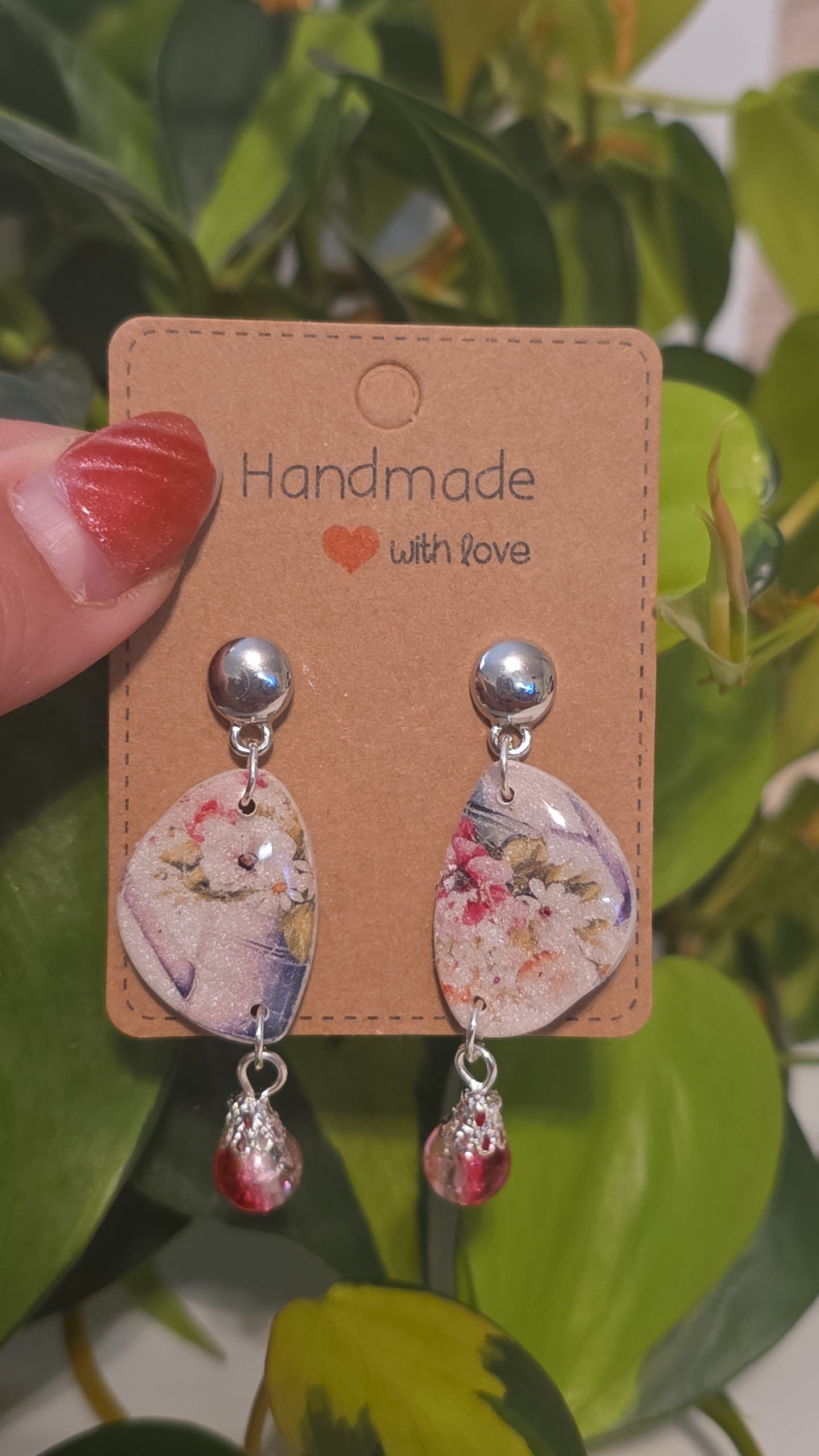 Silver floral clay earrings with red beads